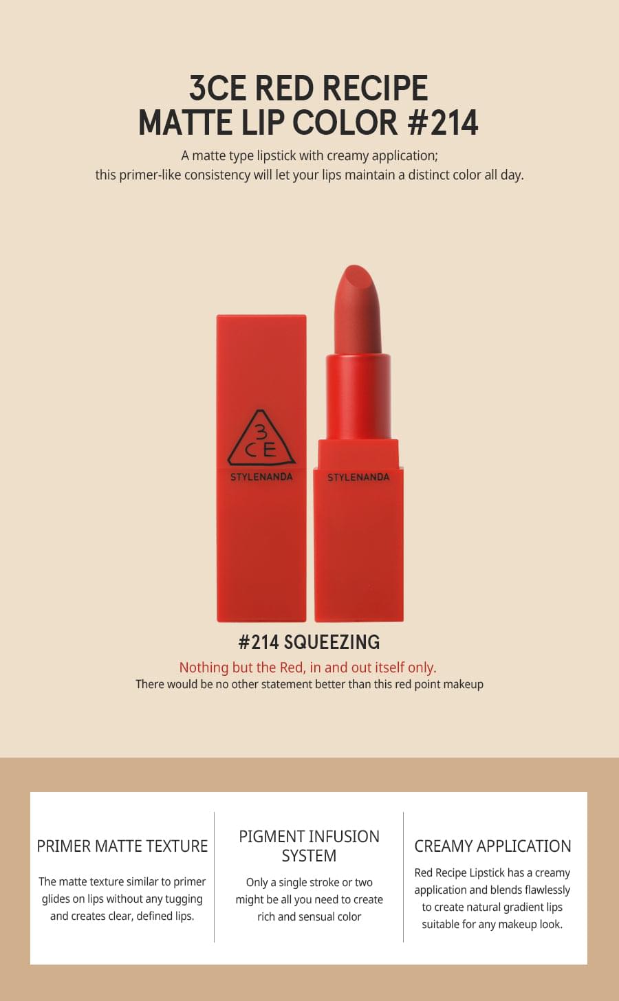 3CE Matte Red Recipe Lip Colour No 214 Squeezing – Beauty Goddess