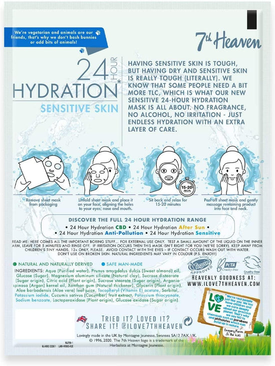 7th Heaven 24h Hydration Sensitive Skin Sheet Mask 16g for Sensitive Skin Moisturising Fragrance Free Enriched with Vitamin E Clinically Proven Dermatologically Tested