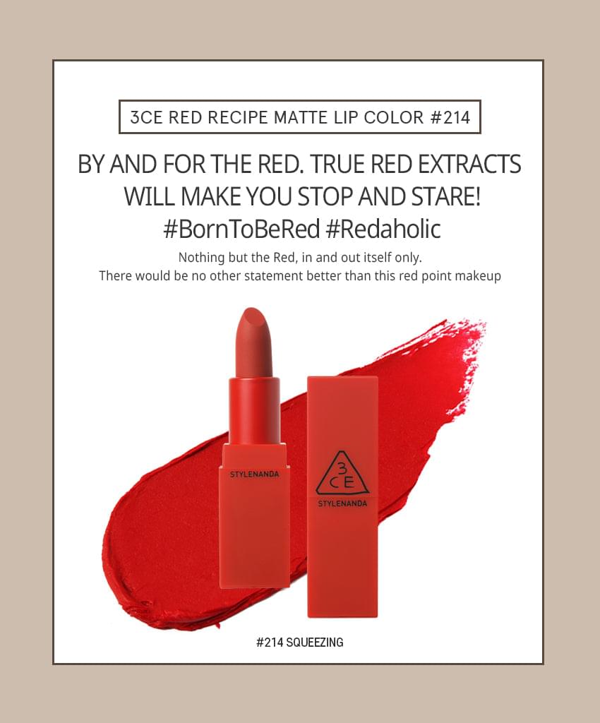3CE Matte Red Recipe Lip Colour No 214 Squeezing – Beauty Goddess