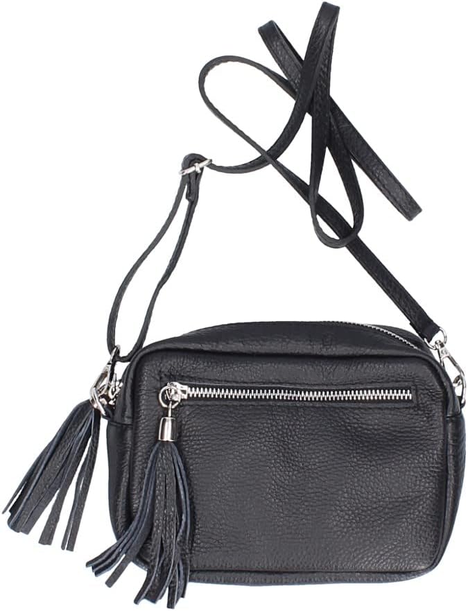 Italian leather crossbody messenger sling bag with tassel for women - Black