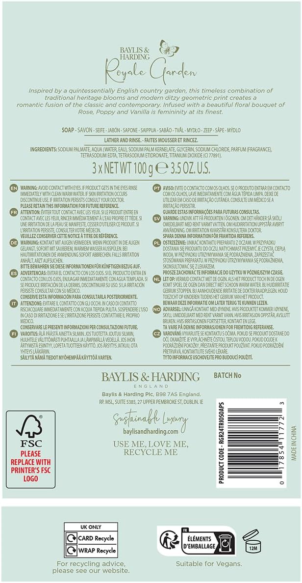 Baylis & Harding Royale Garden Rose, Poppy & Vanilla Luxury Wrapped Soaps Gift Set - Vegan Friendly (Pack of 1)