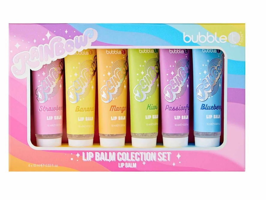 Bubble T Rainbow Lip Balm Collection Set – 6 Fruity  Flavours