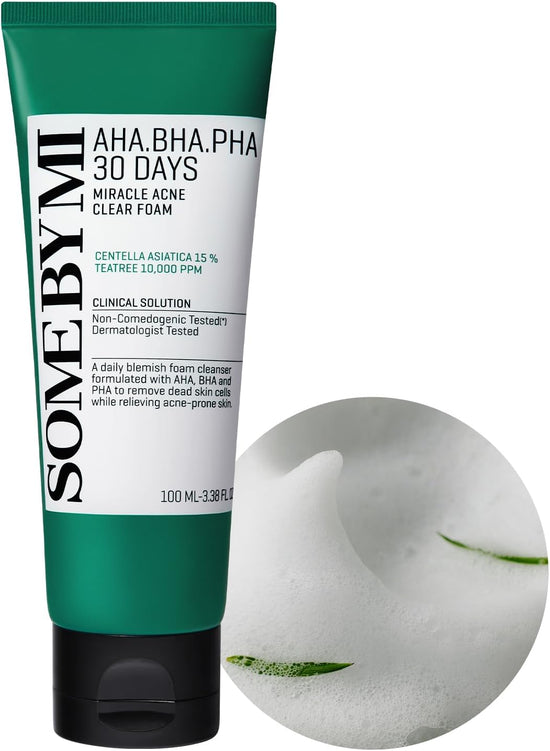 SOME BY MI AHA BHA PHA 30 Days Miracle Acne Clear Foam Cleanser 100ml - Exfoliating Cleanser with AHA BHA PHA - Salicylic Acid & Tea Tree Acne Face Wash for Blemish-Prone Skin - Korean Skincare