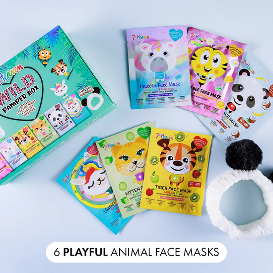 7th Heaven Go Wild Pamper Box Skincare Gift Set - 6 Printed Animal Face Masks and 1 Panda Headband Childrens Gift