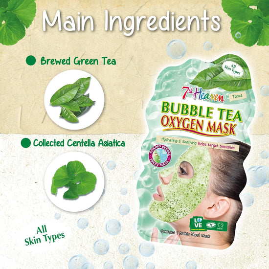 7th Heaven Bubble Tea Oxygen Mask Infused with Green Tea and Centella Asiatica to Hydrate, Soothe and Help Target Blemishes