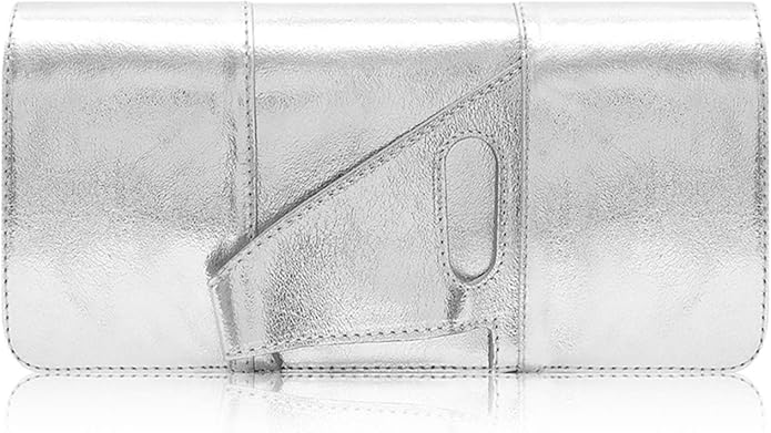 Italian Leather Clutch Bag, Metallic Silver