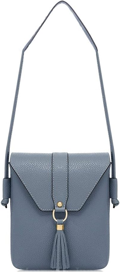 Ladies 100% Italian Real Soft Leather Crossbody Bag with Tassle in Denim Blue