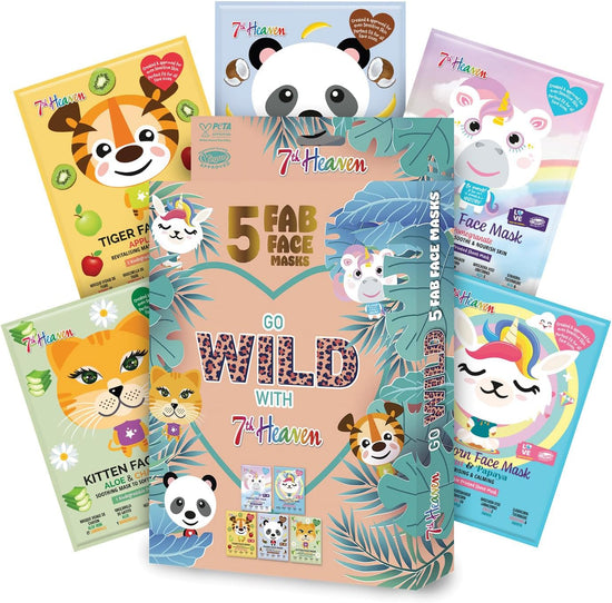 7th Heaven Go Wild Animal Face Sheet Mask Gift Set – 5 Fun Hydrating Masks for Kids with Coconut, Apple, Aloe & Banana – Gentle on Sensitive Skin, Perfect for Sleepovers & Party Bags – Cruelty-Free