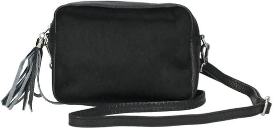 Italian leather crossbody messenger sling bag with tassel for women - Black