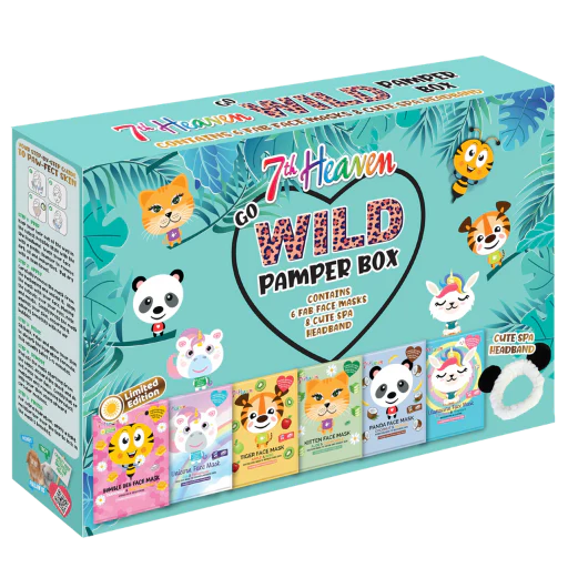 7th Heaven Go Wild Pamper Box Skincare Gift Set - 6 Printed Animal Face Masks and 1 Panda Headband Childrens Gift