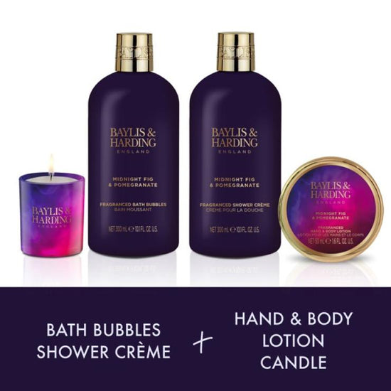 Baylis & Harding Midnight Fig & Pomegranate Luxury Candlelit Bathing Gift Set - Vegan Friendly