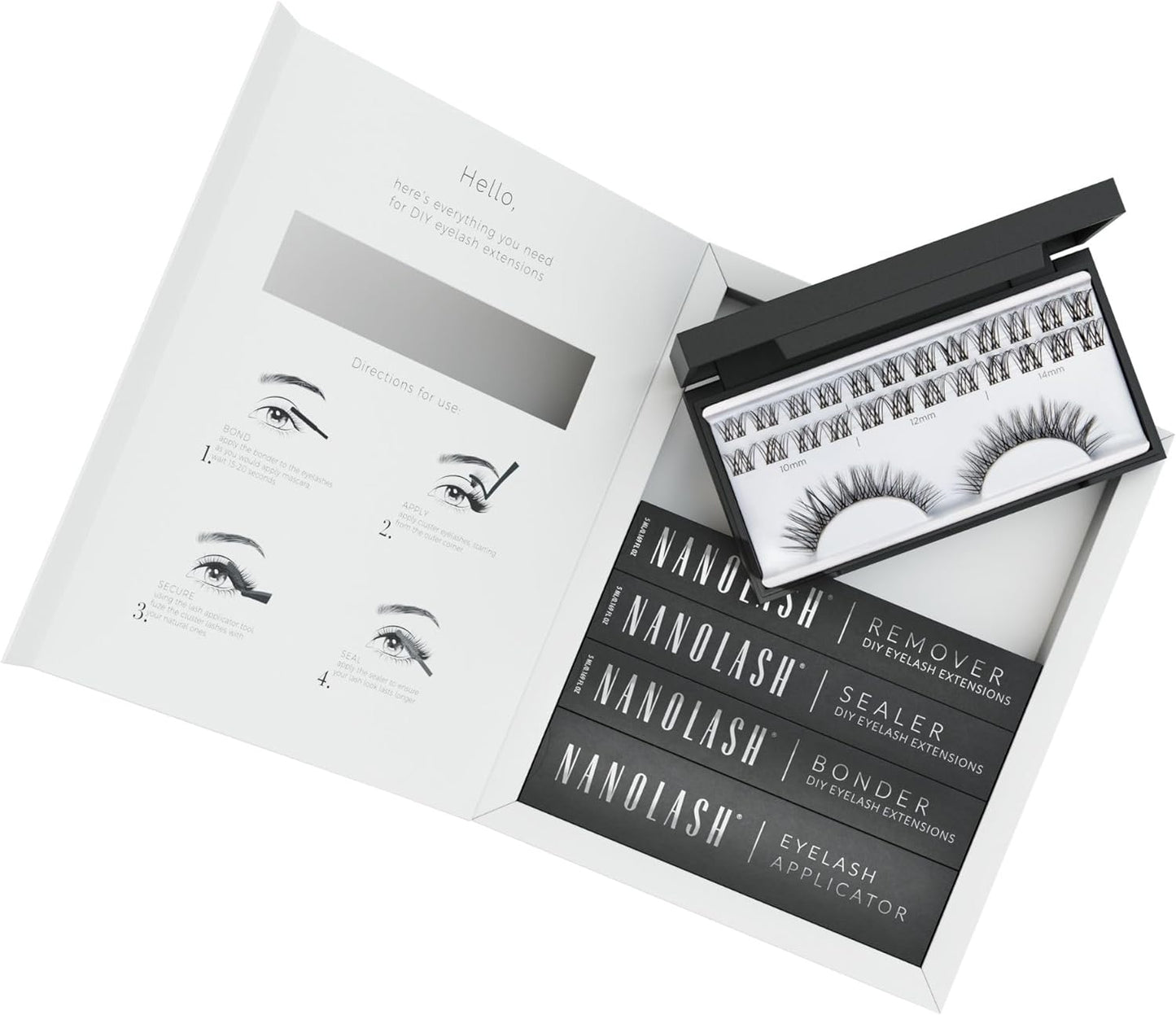 Nanolash DIY Eyelash Extensions Starter Kit - cluster lashes with bonder, sealer, remover, apllicator, home lash extensions kit (CHARM)