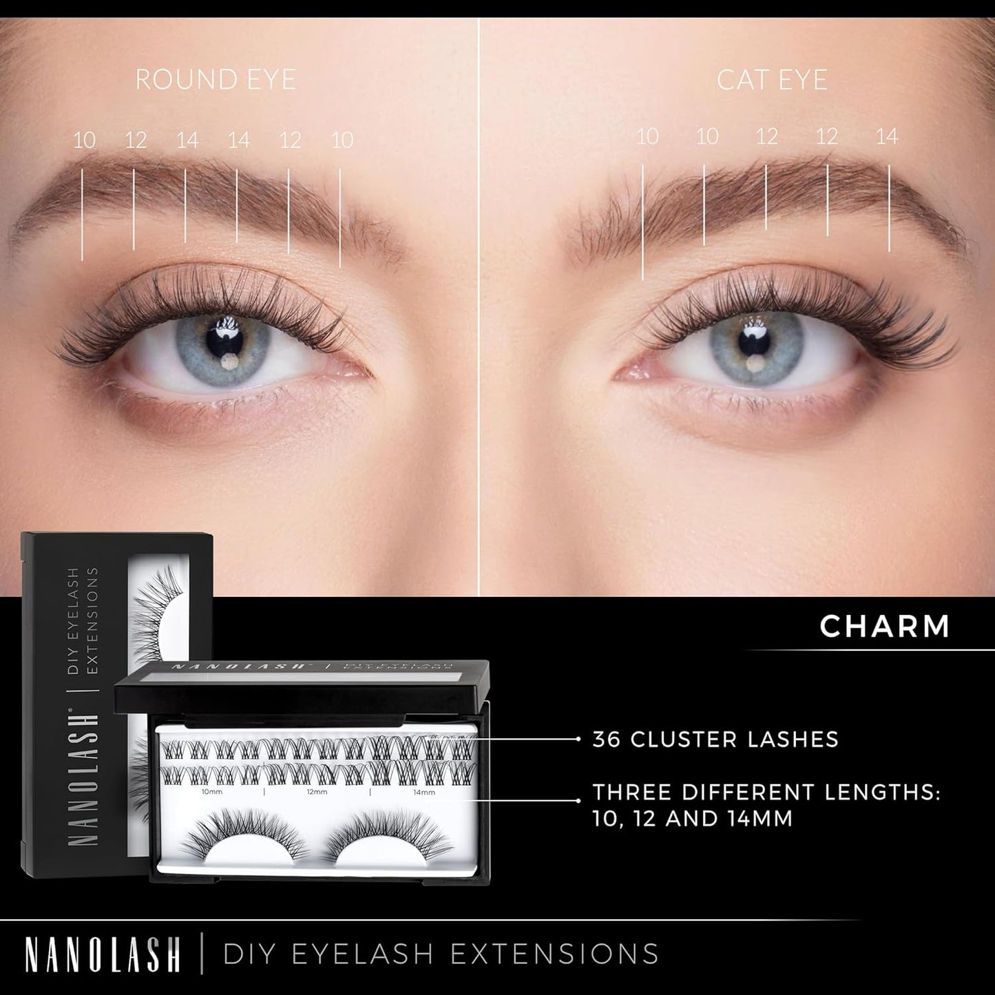 Nanolash DIY Eyelash Extensions 36 pcs - cluster lashes DIY, cluster false eyelashes for lash extensions at home, individual cluster lashes (CHARM)