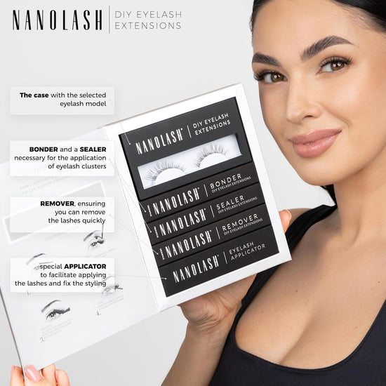 Nanolash DIY Eyelash Extensions Starter Kit - cluster lashes with bonder, sealer, remover, apllicator, home lash extensions kit (CLASSY)