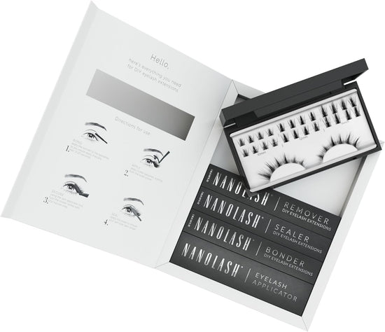 Nanolash DIY Eyelash Extensions Starter Kit - cluster lashes with bonder, sealer, remover, apllicator, home lash extensions kit (FLIRTY)