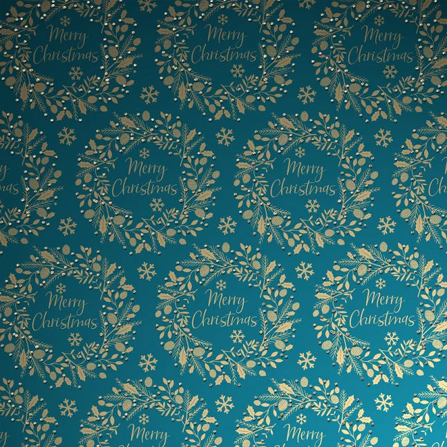 Uniqueco Bio Glitter FSCM Luxe Gold Wreaths on Teal Gift Wrap