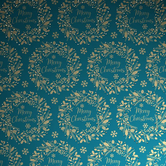 Uniqueco Bio Glitter FSCM Luxe Gold Wreaths on Teal Gift Wrap