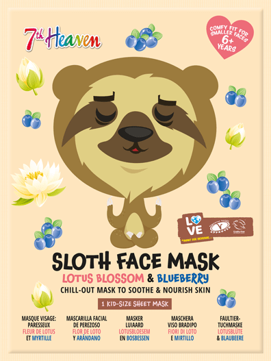 7th Heaven Animal Face Sheet Mask Sloth - with Lotus Blossom and Blueberry Chill Out Mask to Soothe and Nourish Mask