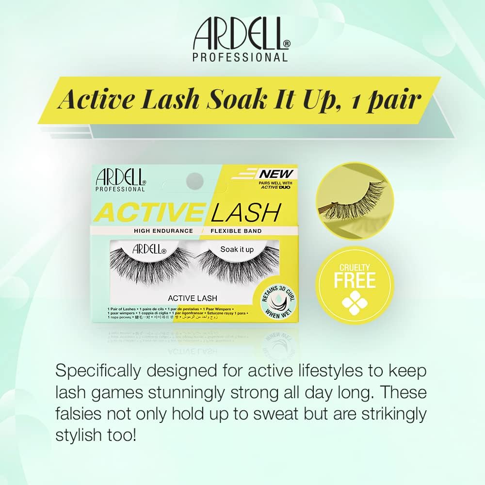 Ardell Active Lash Soak It Up False Eyelashes, Water-resistant, Medium Volume and Length, Vegan Friendly, 1 Pair (Pack of 1)