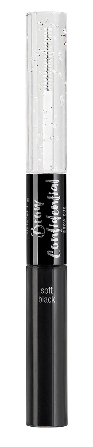  A 90-degree angle shot of Ardell Brow Confidential Brow Duo in Medium Brow shade in a slim and petite black box packaging