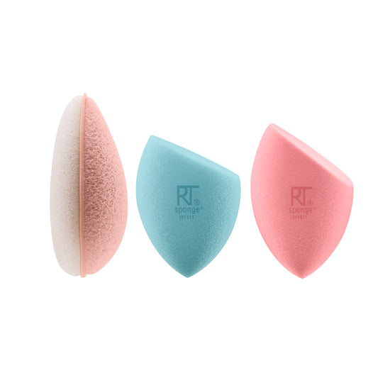 Real Techniques Sponge+ Beauty Makeup Blenders for Facial Cleanser, Foundation and Setting Powder, Probiotic infused (3 Piece Kit)