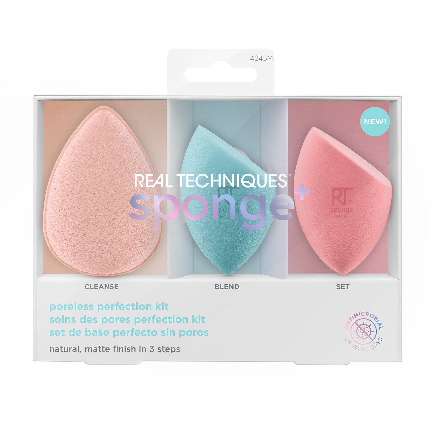 Real Techniques Sponge+ Beauty Makeup Blenders for Facial Cleanser, Foundation and Setting Powder, Probiotic infused (3 Piece Kit)