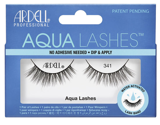 Front view of an Ardell Aqua Lash 341 false lashes set in complete retail wall hook packaging