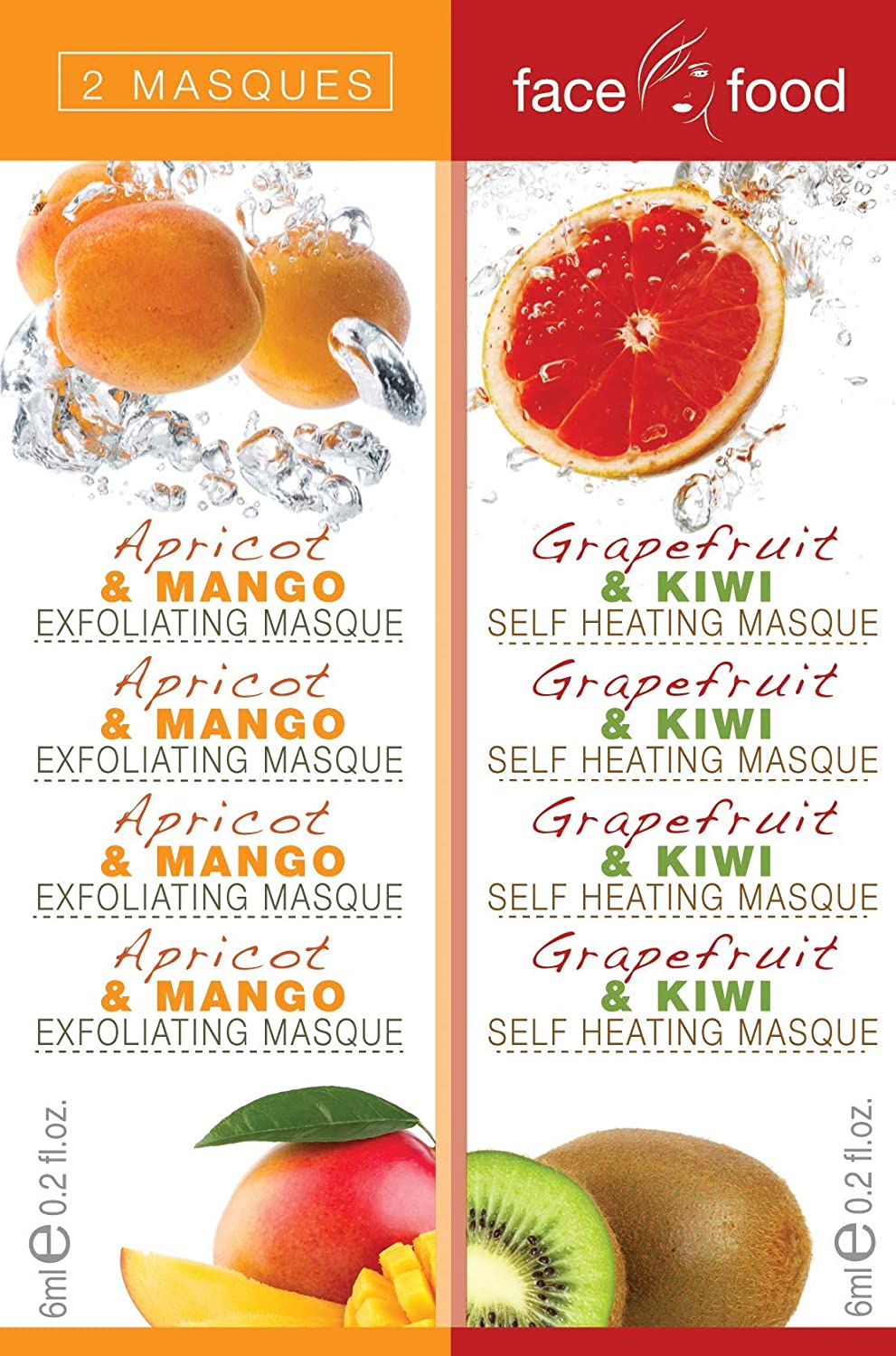 7th Heaven Face Food Twin Masks - Apricot & Mango Exfoliating Mask 6ml and Self Heat Mask Grapefruit & Kiwi, 6ml