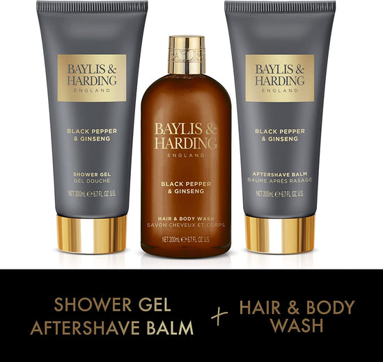 Baylis & Harding Signature Men's Black Pepper & Ginseng Luxury Bathing Trio Gift Set - Vegan Friendly