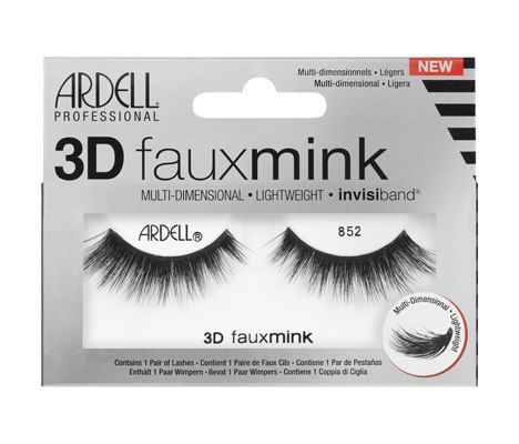A single pair of Ardell 3D Faux mink 852 in its retail packaging with some features written on it