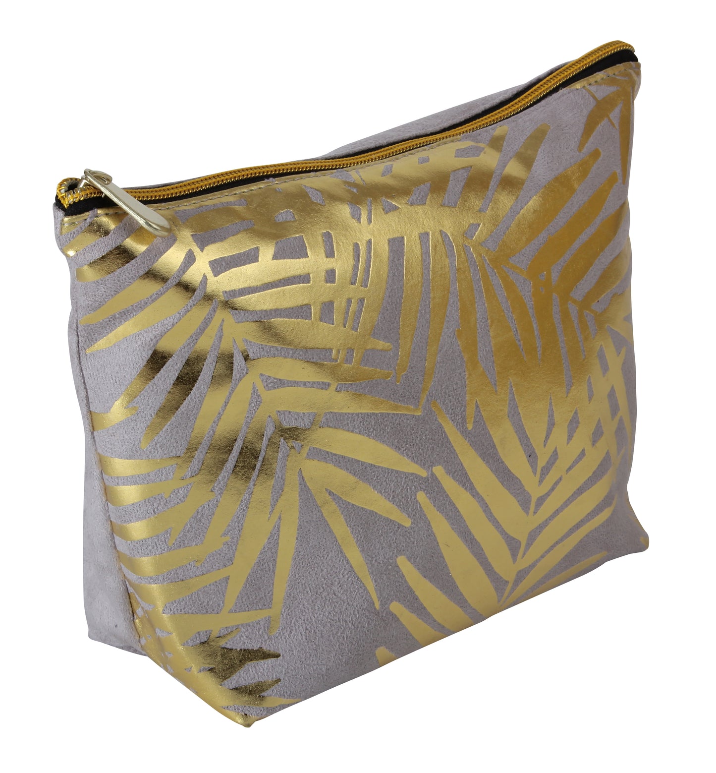 Fancy Metal Goods Grey Velvet with Gold Foil Palm Leaves Cosmetic Bag