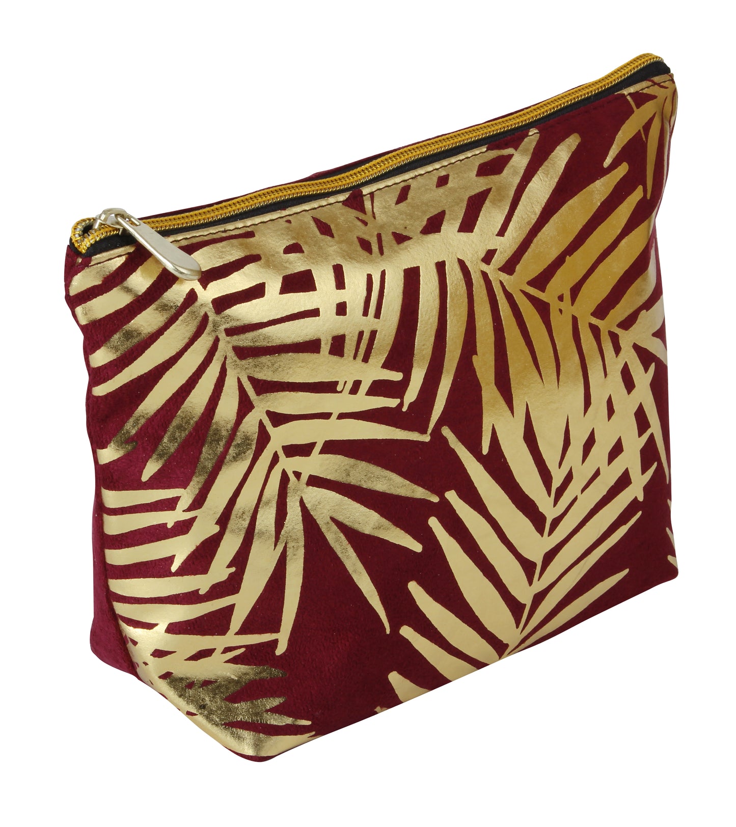 Fancy Metal Goods Burgundy Velvet with Gold Foil Palm Leaves Cosmetic Bag