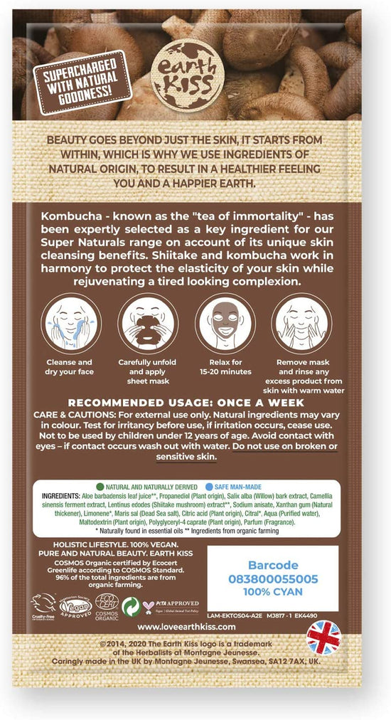 Earth Kiss Super Naturals Purifying Kombucha and Shiitake Sheet Mask to Protect the Elasticity of your Skin and Rejuvenate a Tired Looking Complexion