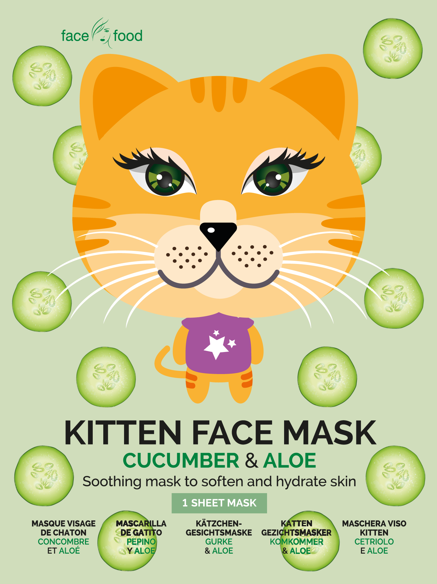 7th Heaven Kitten Face Sheet Mask with Cucumber and Aloe Vera to Soften and Hydrate Skin - Ideal for All Skin Types, Fun for Parties and Selfies (Ages 8+)