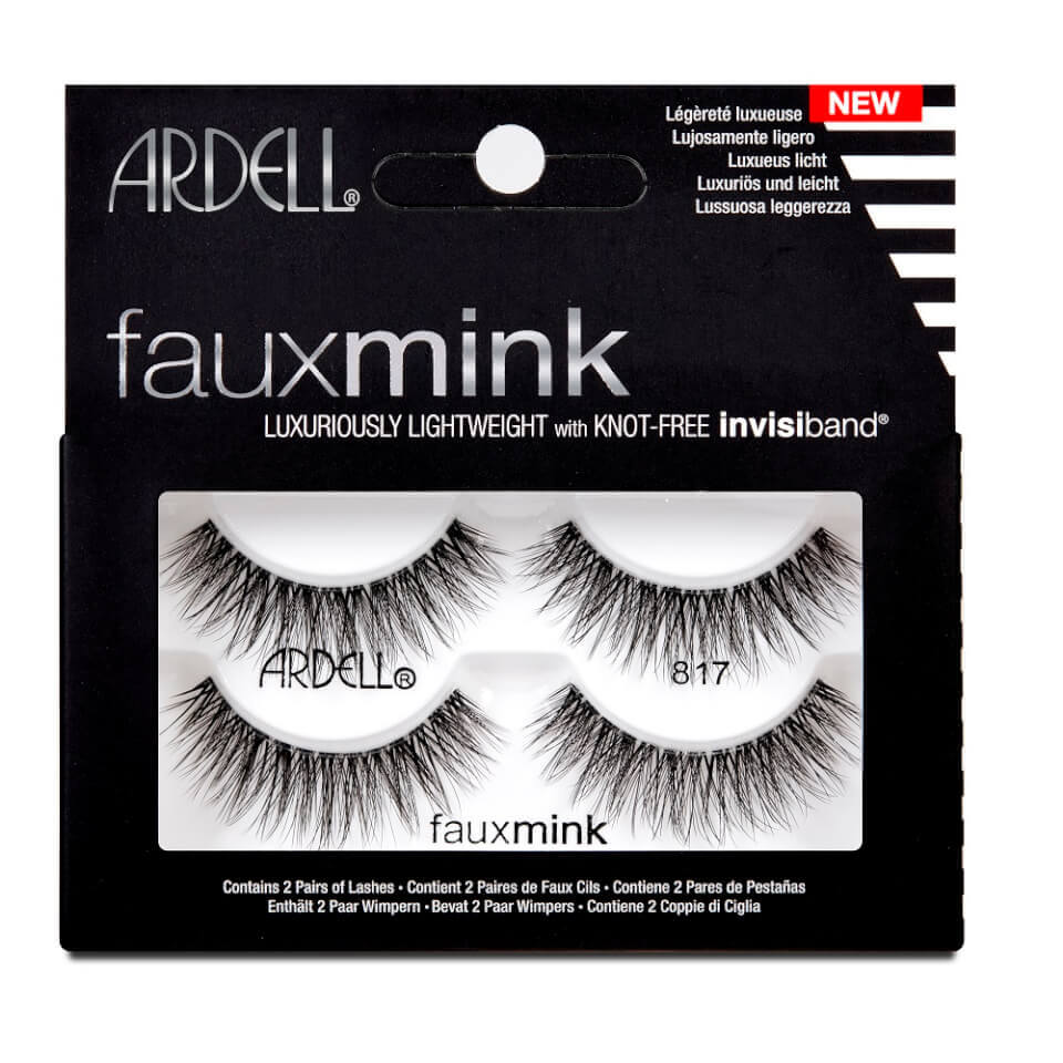  A model wearing Ardell's Faux mink 817 with open right eye in side view, showing winged-out & natural lash look