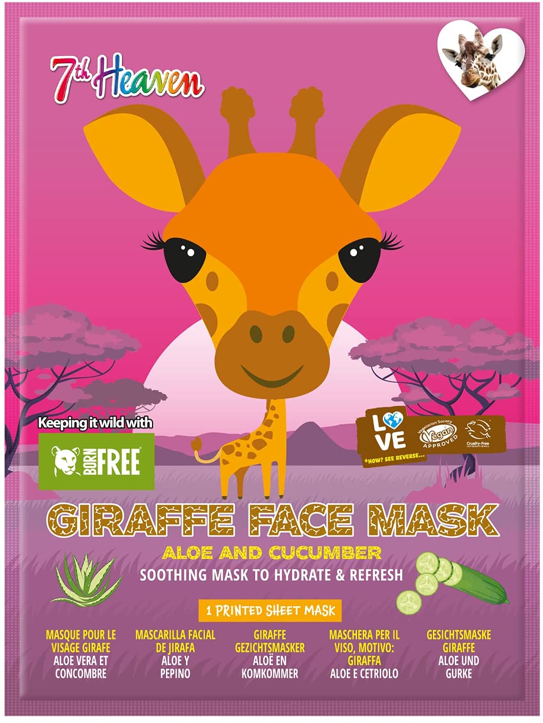 7th Heaven Born Free Giraffe Sheet Face Mask Multipack (Pack of 4) with Cucumber and Aloe Vera to Soothe, Hydrate and Refresh Skin - Ideal for All Skin Types, Fun for Parties and Selfies (Ages 8+)