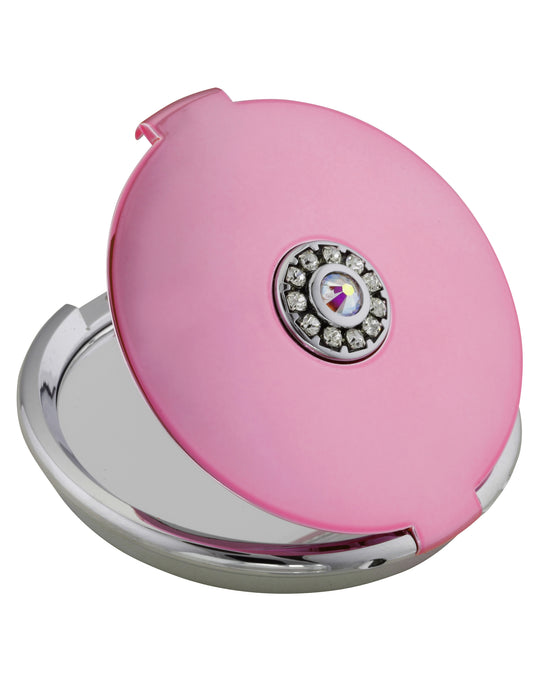 Fancy Metal Goods Crystal Compact Round Metallic Pink with 5X Magnification