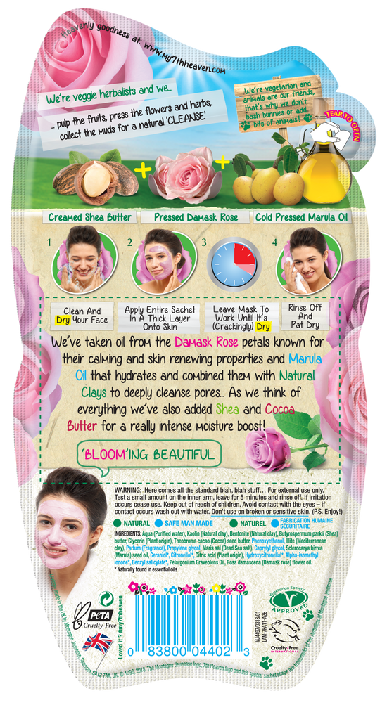  7th Heaven Pink Rose Clay Hard Drying Mud Face Mask with Shea Butter, Damask Rose and Marula Oil to Cleanse and Hydrate Skin - Ideal for Normal, Combination and Dry Skin