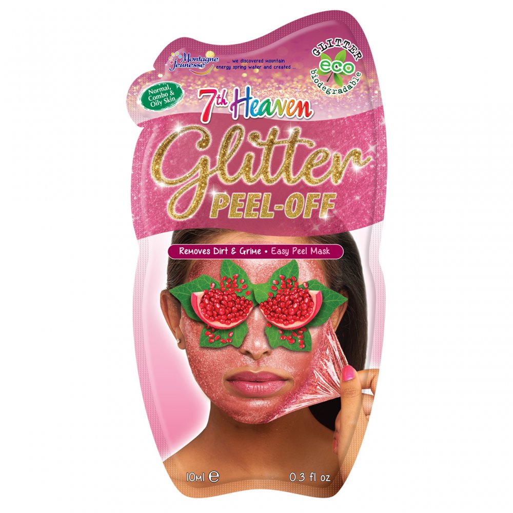 7th Heaven Glitter Peel-Off Mask, Face Mask with Pomegranate, Cranberries and Blueberries, Helps remove Dirt and Grime, Deeply Cleanse, Normal, Combo, Oily Skin, 3-Pack of 0.3 FL Oz, Sachets