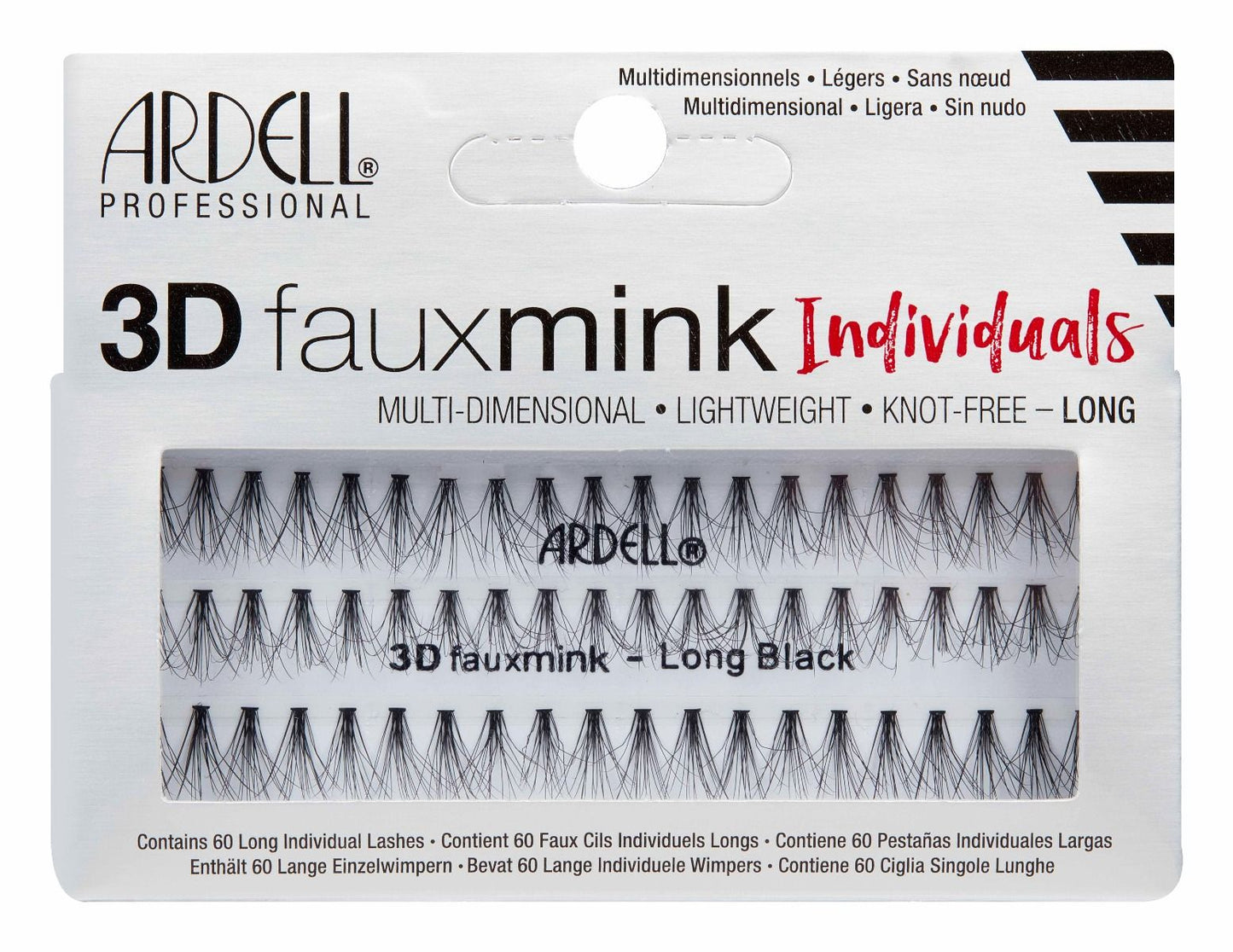 A box of 60 Long individual Faux mink lashes by Ardell with text describing the lashes