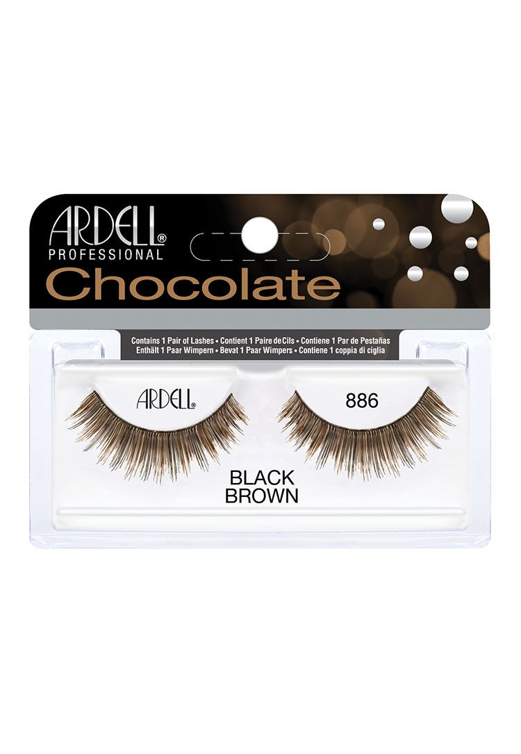 Front-facing of Ardell Chocolate Lash 886 in a wall hook retail pack with product detail in different languages